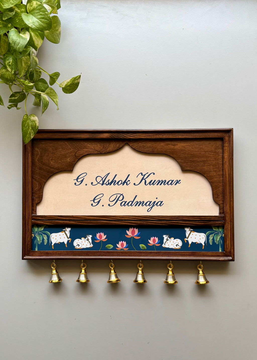 Pichwai Name Plate With Brass Bells
