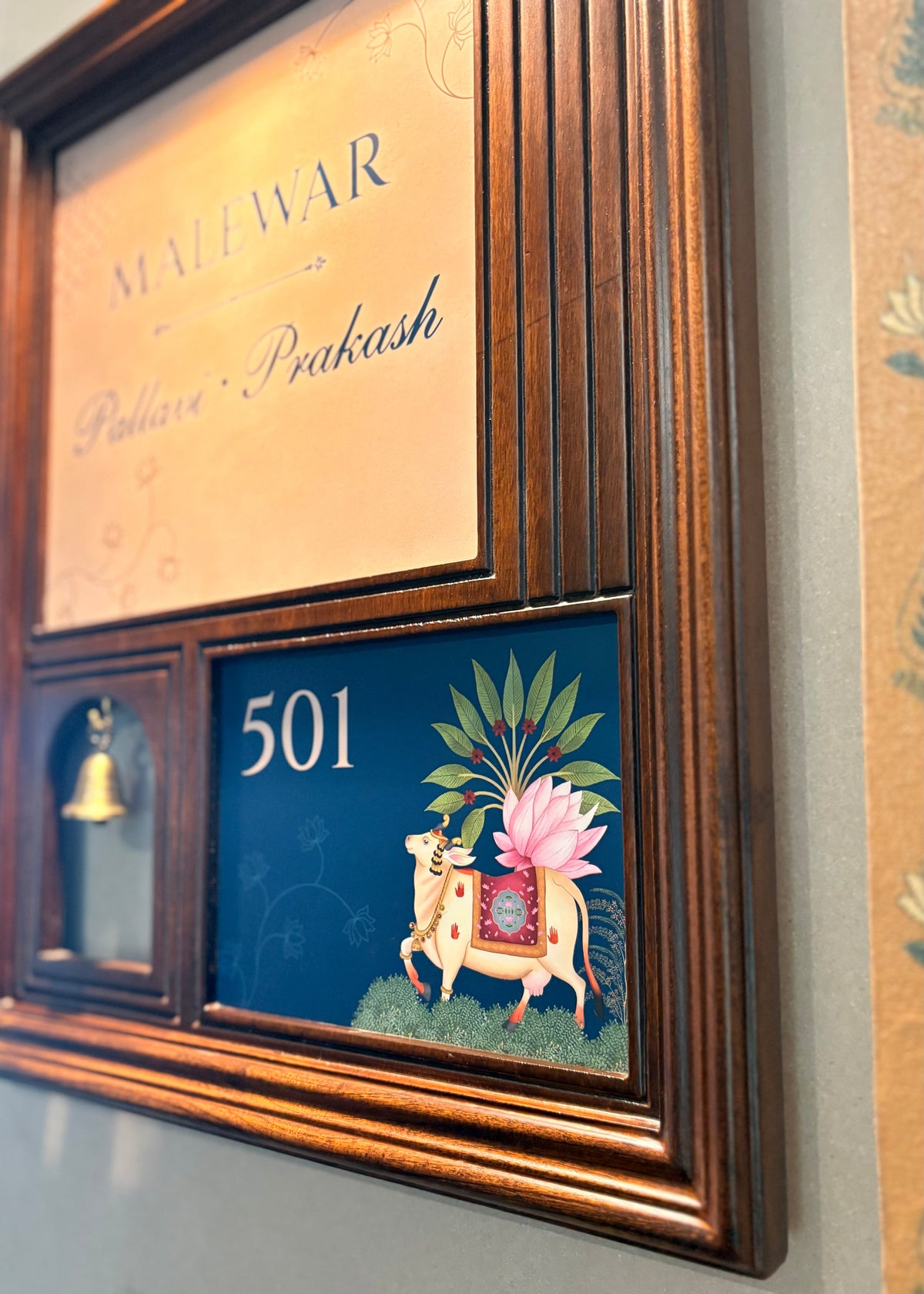 Vrindavan - Wooden Nameplate for Home with Brass Bell