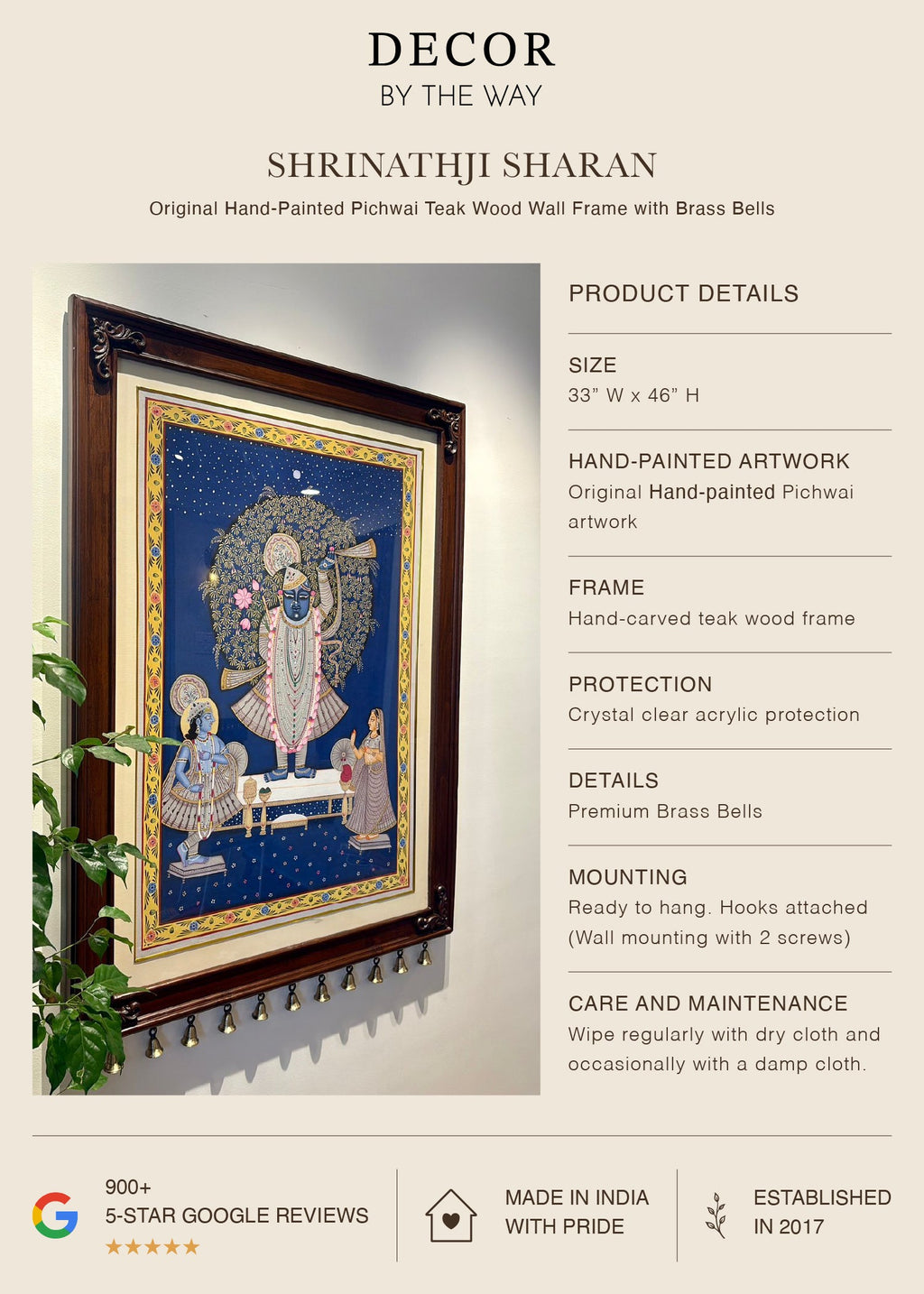 Shrinathji Sharan | Original Hand-Painted Pichwai Teak Wood Wall Frame with Brass Bells
