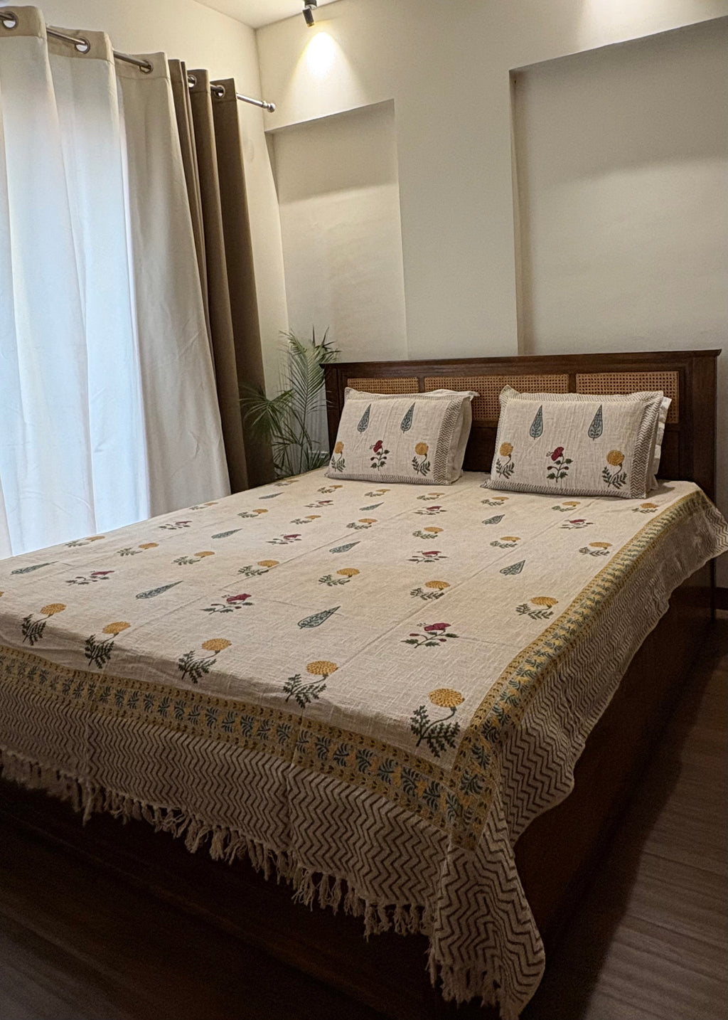 Marigold Hand Block Printed Soft Jute Bedsheet Set