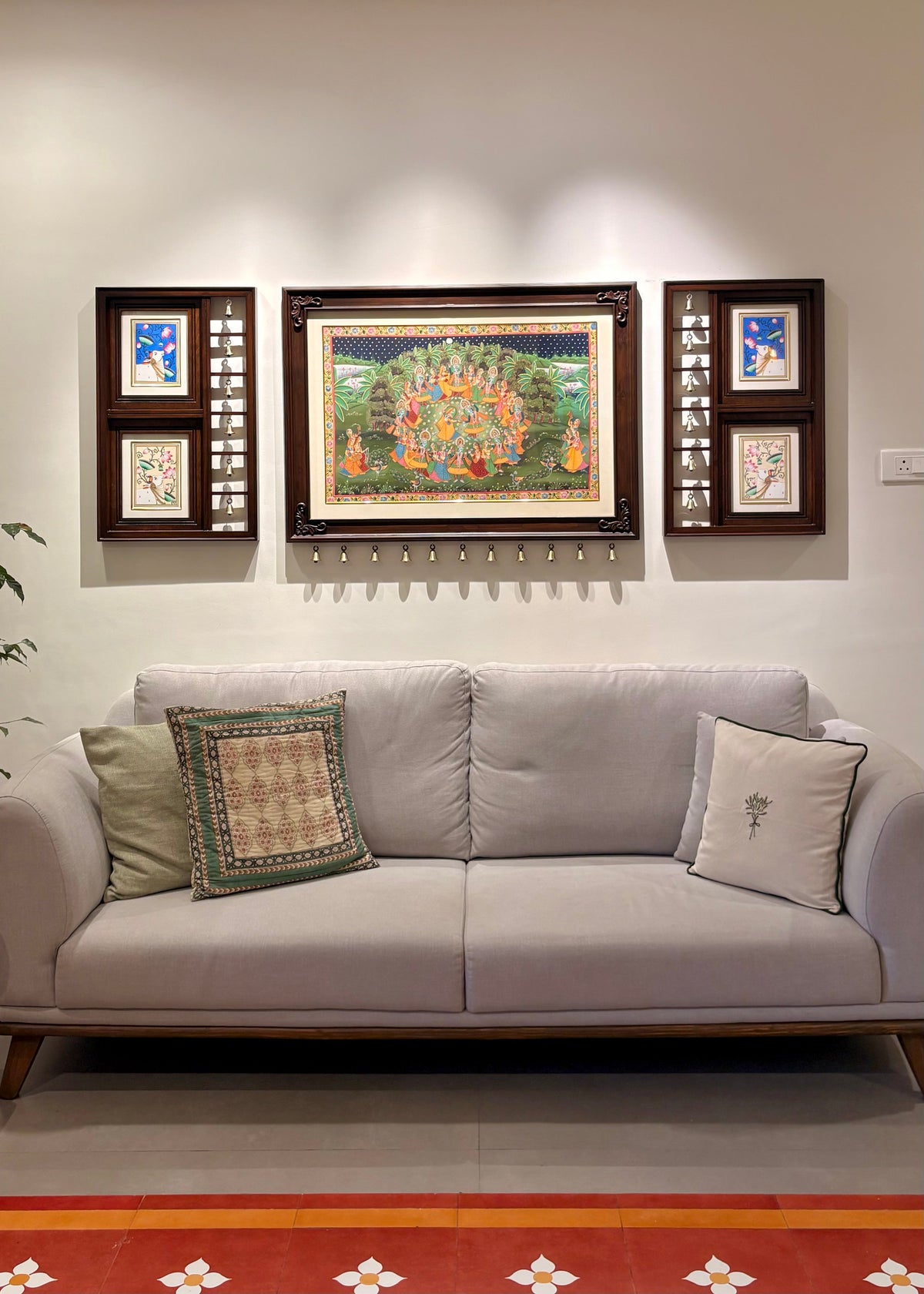Vrindavan Ras Leela – Original Hand-Painted Pichwai Set of 3 Wooden Wall Frames with Brass Bells