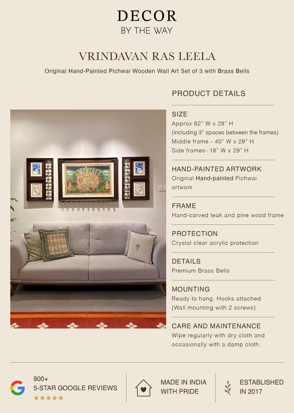 Vrindavan Ras Leela – Original Hand-Painted Pichwai Set of 3 Wooden Wall Frames with Brass Bells