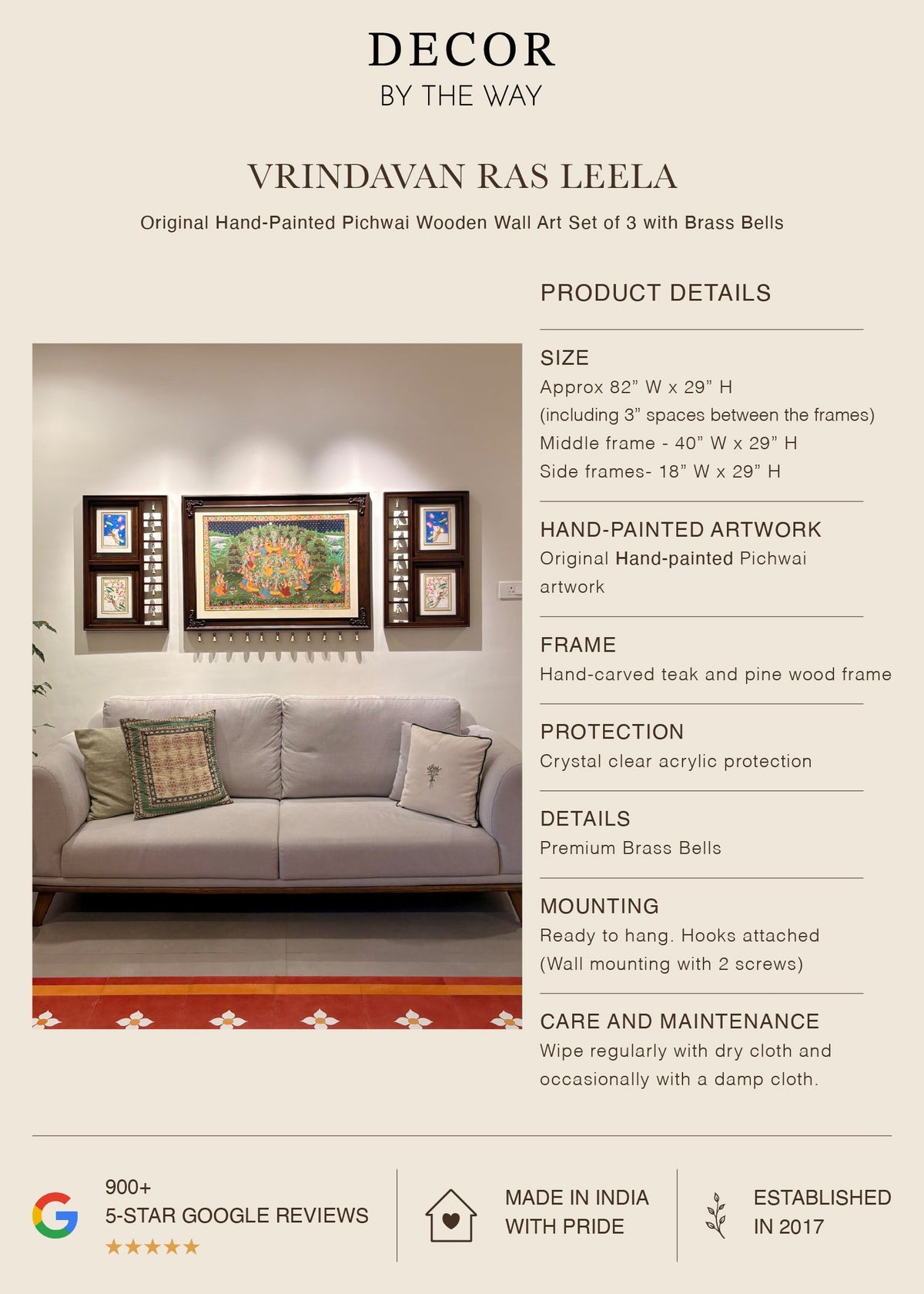 Vrindavan Ras Leela – Original Hand-Painted Pichwai Set of 3 Wooden Wall Frames with Brass Bells