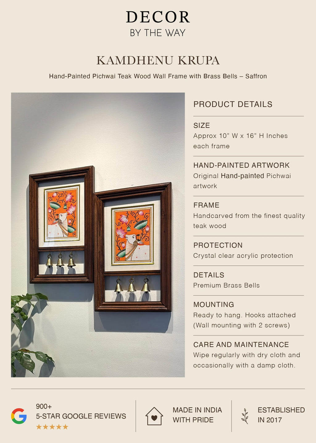 Kamdhenu Krupa | Hand-Painted Pichwai Teak Wood Wall Frame with Brass Bells – Saffron