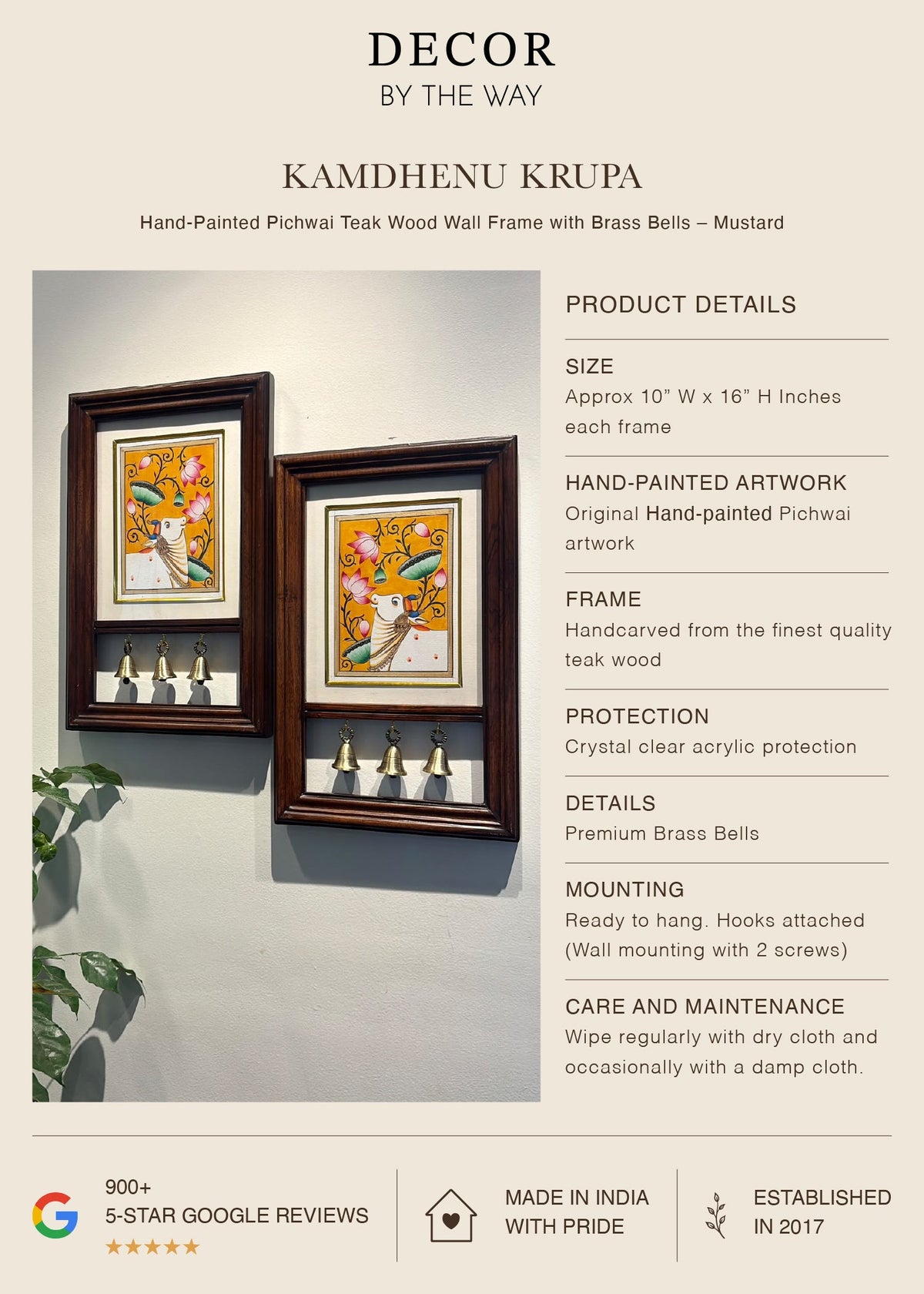 Kamdhenu Krupa | Hand-Painted Pichwai Teak Wood Wall Frame with Brass Bells - Yellow