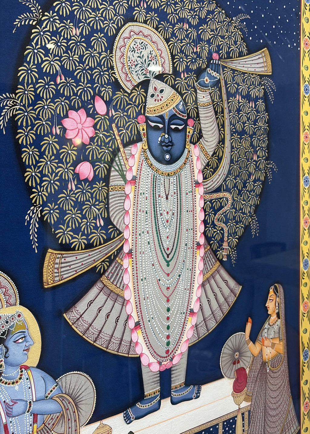 Shrinathji Sharan | Original Hand-Painted Pichwai Teak Wood Wall Frame with Brass Bells
