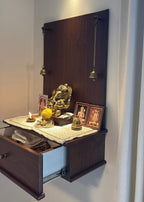 Shubhalaya Mandir – Wall-Mounted Wooden Mandir for Home | Compact & Elegant Pooja Temple with Brass Bells