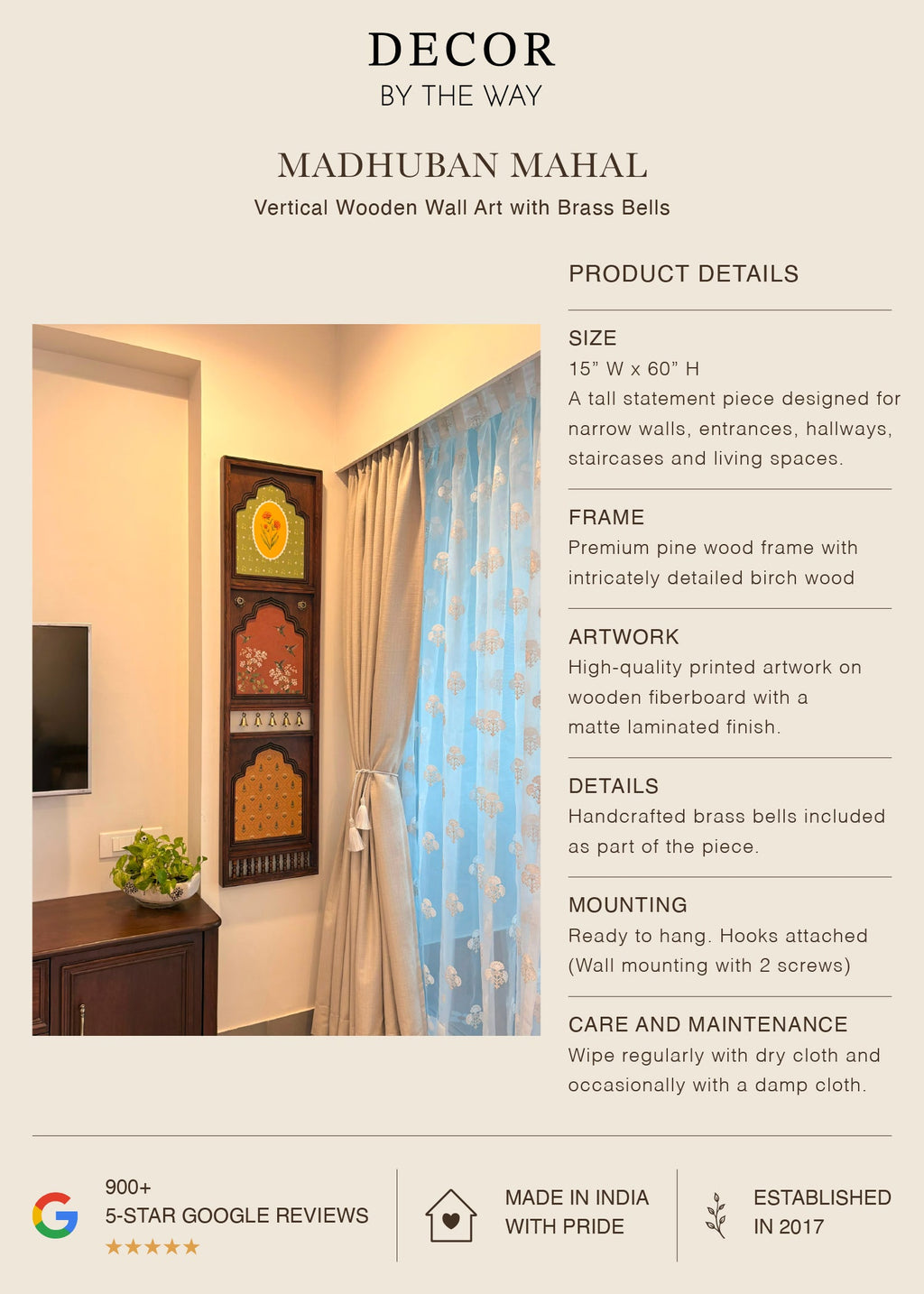 Madhuban Mahal - Vertical Wooden Wall Art with Brass Bells