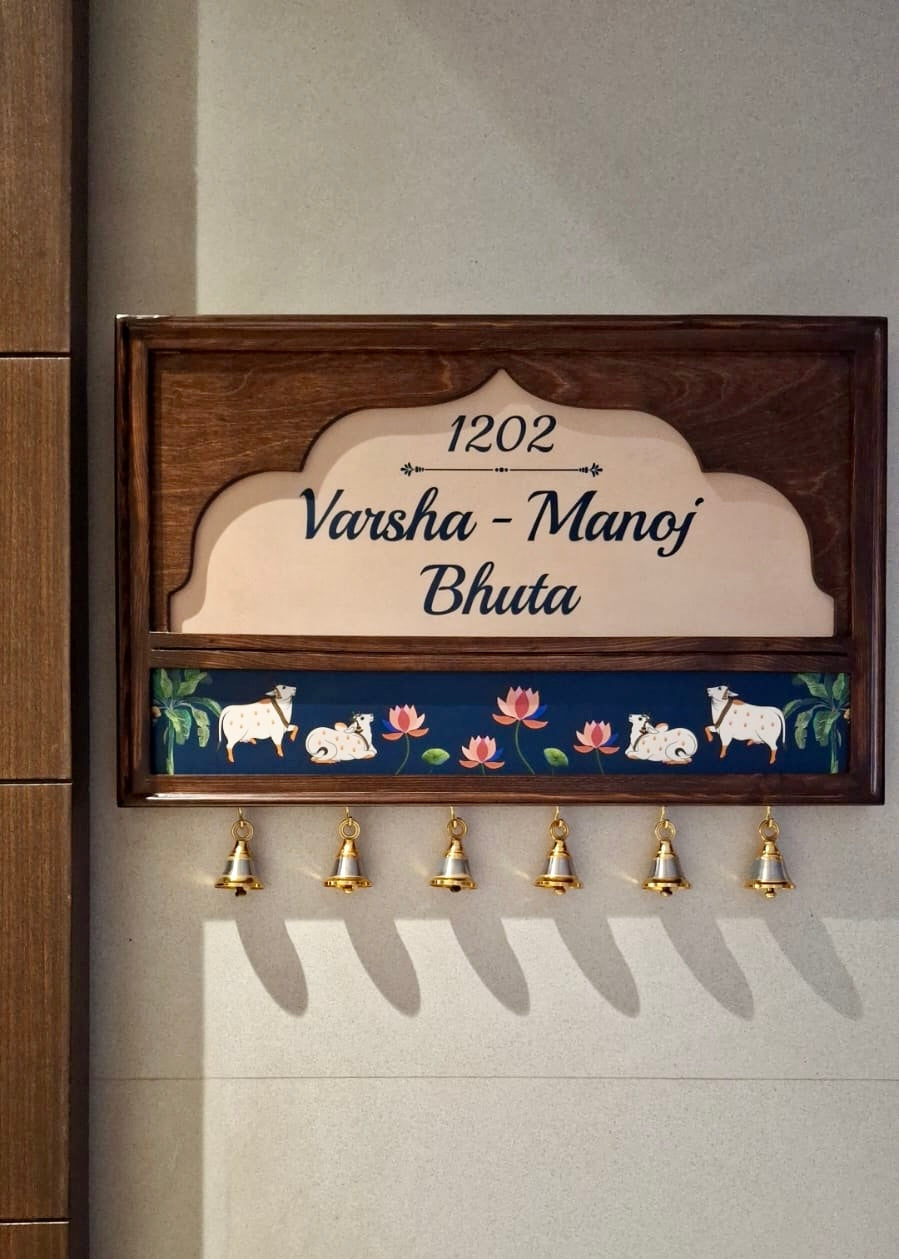 Pichwai Name Plate With Brass Bells