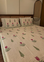 Tulip Hand Block Printed Soft Jute Bedsheet Set