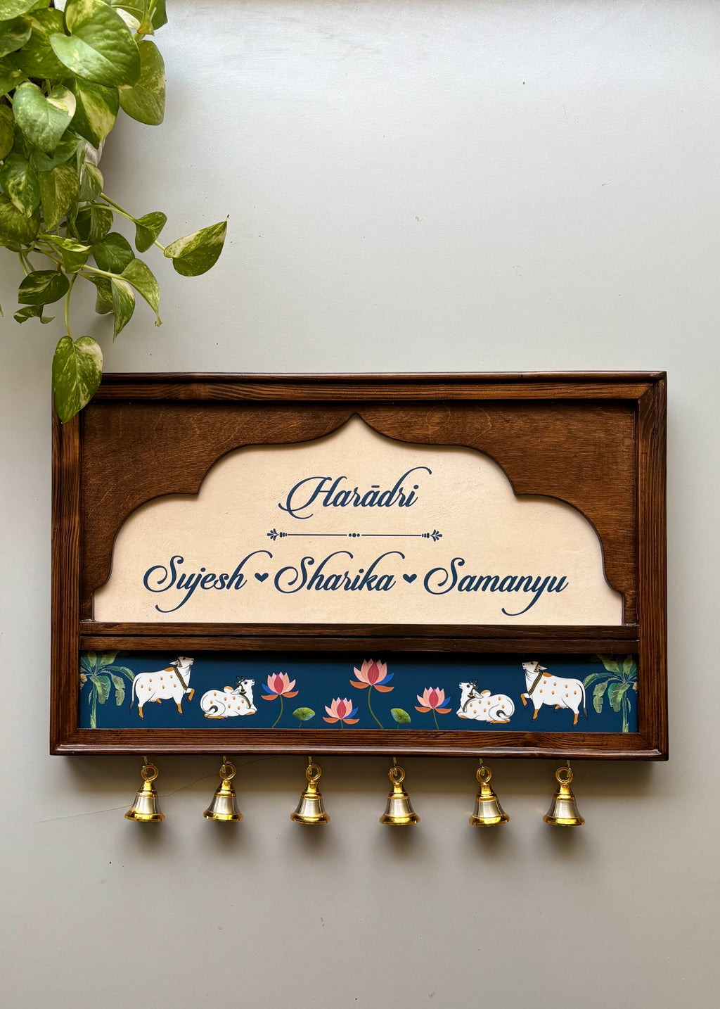 Pichwai Name Plate With Brass Bells