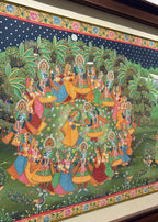 Vrindavan Ras Leela – Original Hand-Painted Pichwai Set of 3 Wooden Wall Frames with Brass Bells