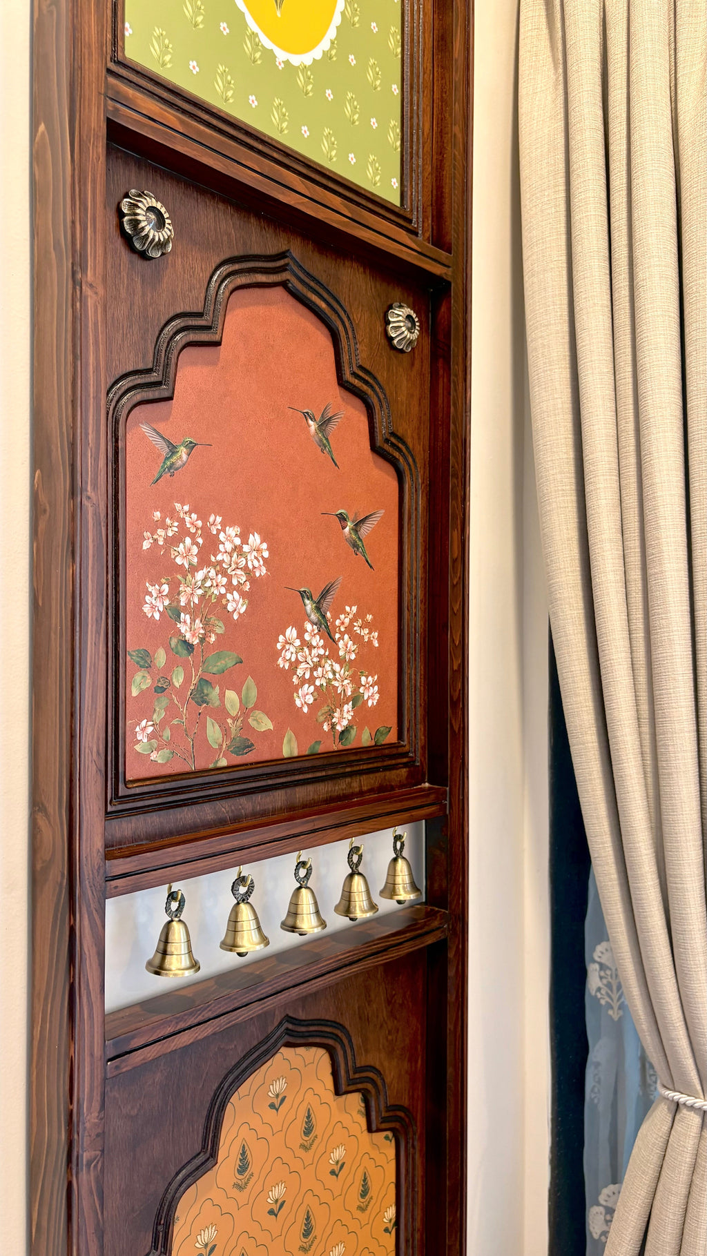 Madhuban Mahal - Vertical Wooden Wall Art with Brass Bells