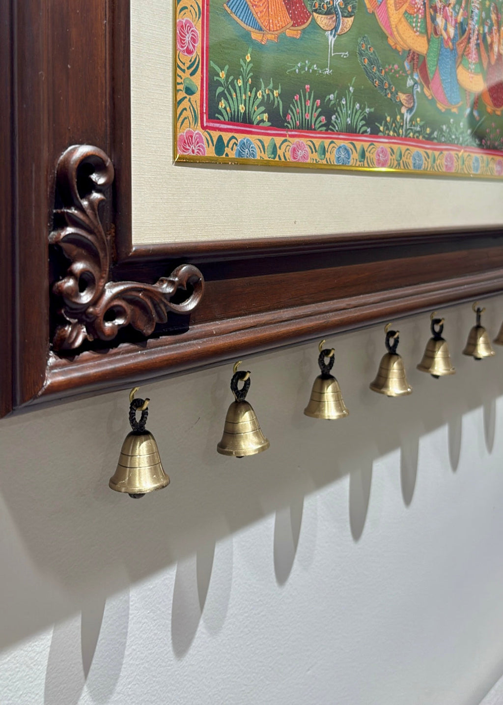 Vrindavan Ras Leela – Original Hand-Painted Pichwai Set of 3 Wooden Wall Frames with Brass Bells