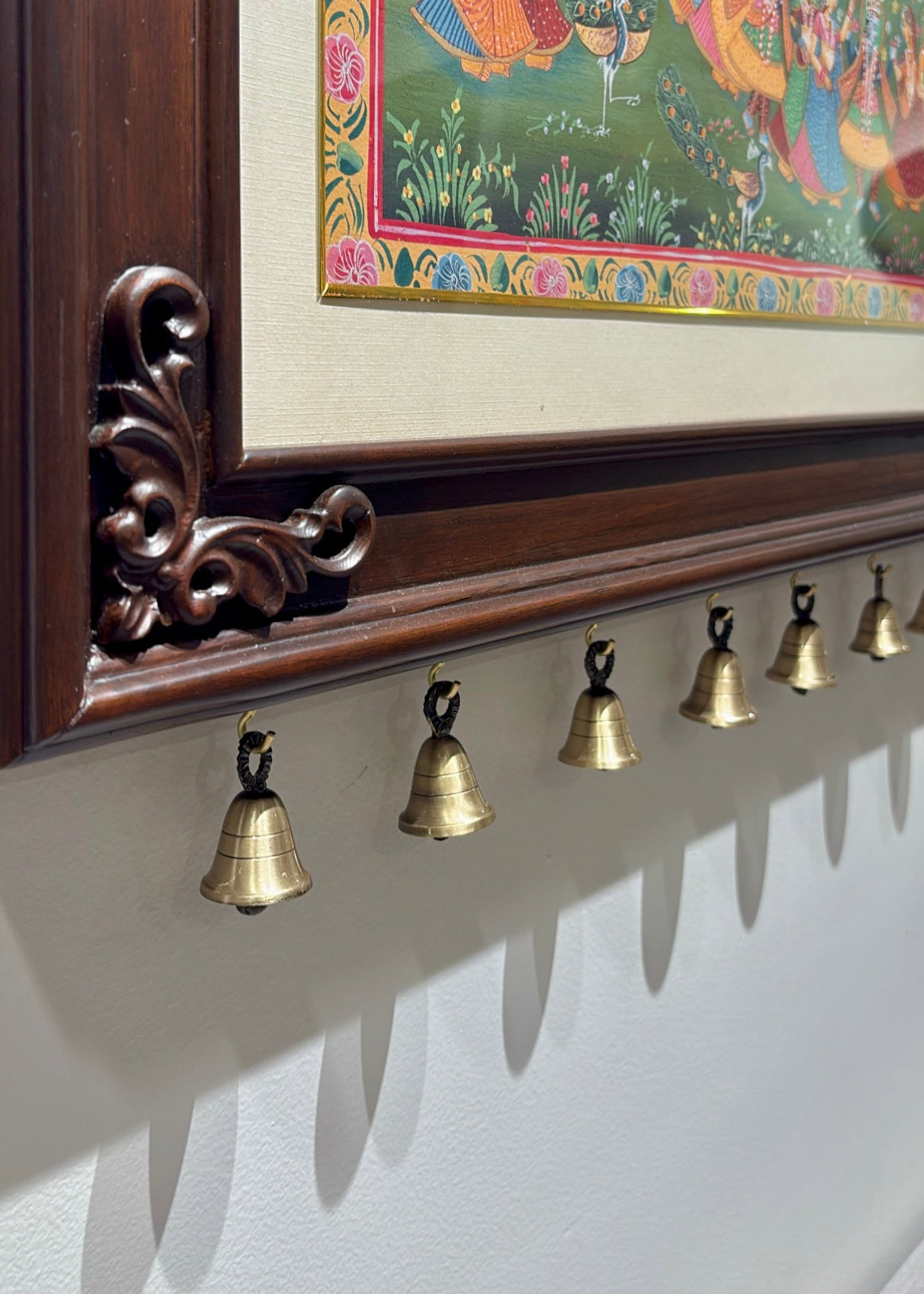 Vrindavan Ras Leela – Original Hand-Painted Pichwai Set of 3 Wooden Wall Frames with Brass Bells