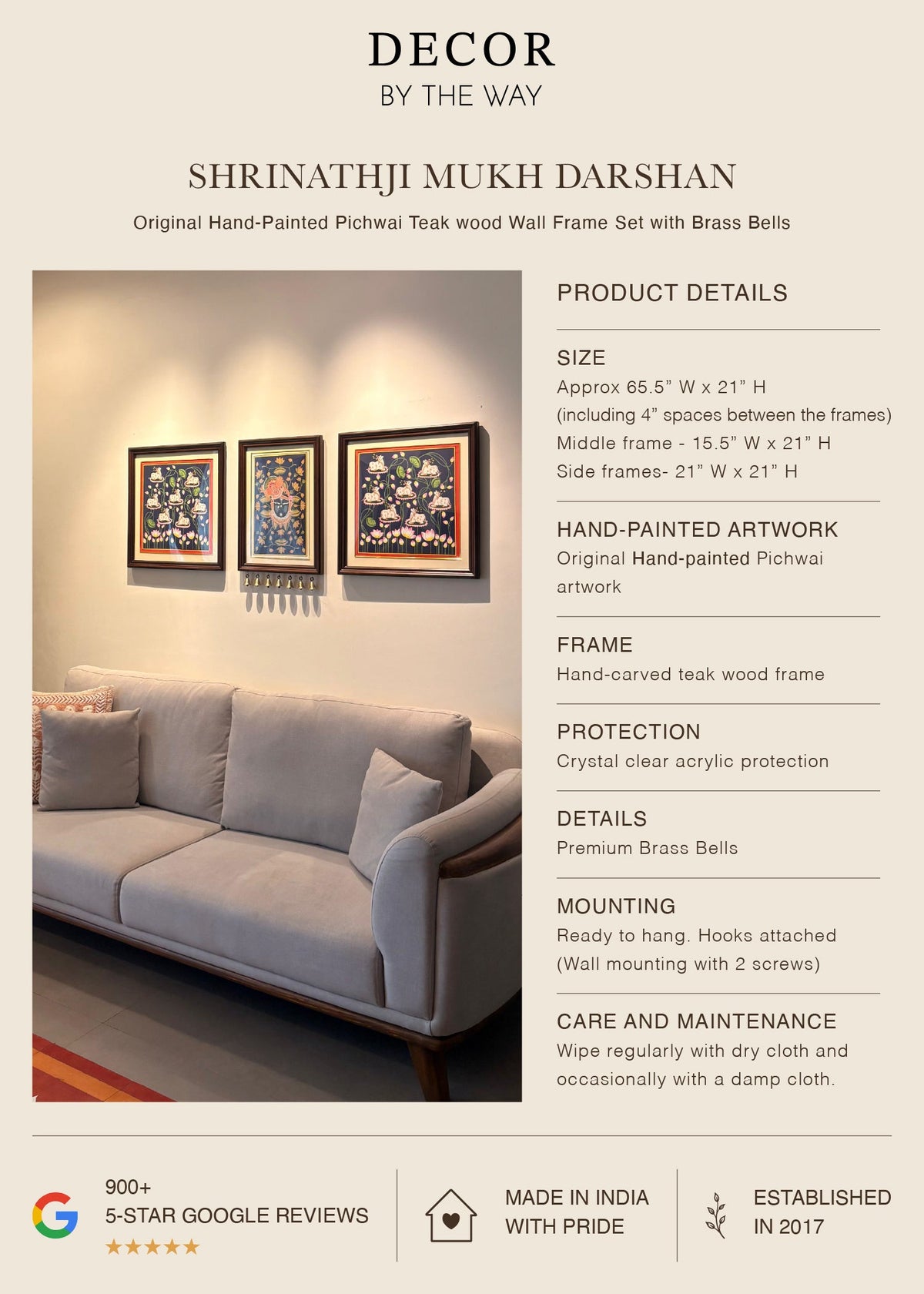 Shrinathji Mukh Darshan | Original Hand-Painted Pichwai Teak wood Wall Frame Set with Brass Bells