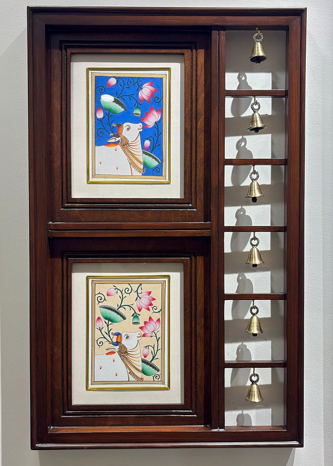 Vrindavan Ras Leela – Original Hand-Painted Pichwai Set of 3 Wooden Wall Frames with Brass Bells
