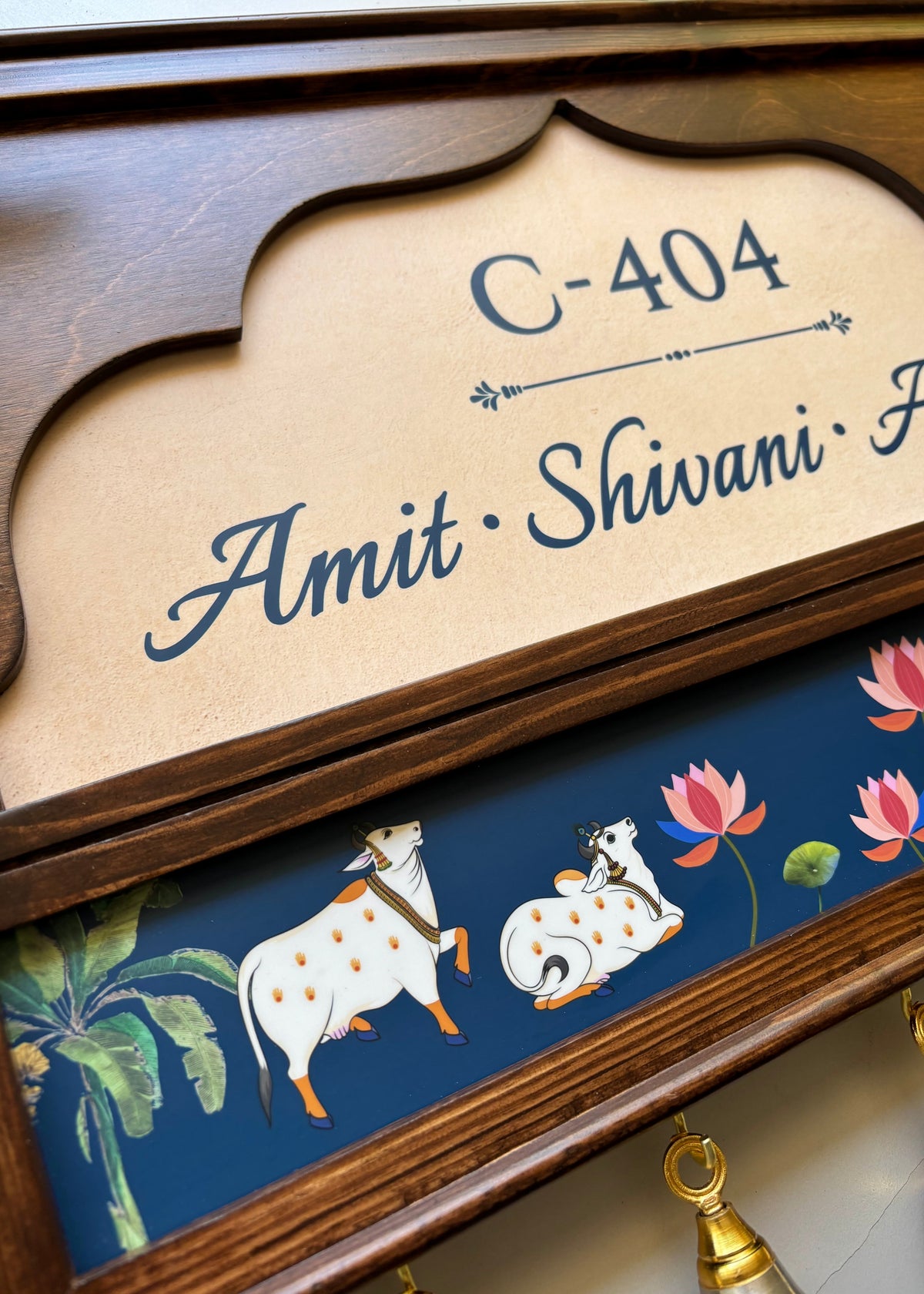 Pichwai Name Plate With Brass Bells
